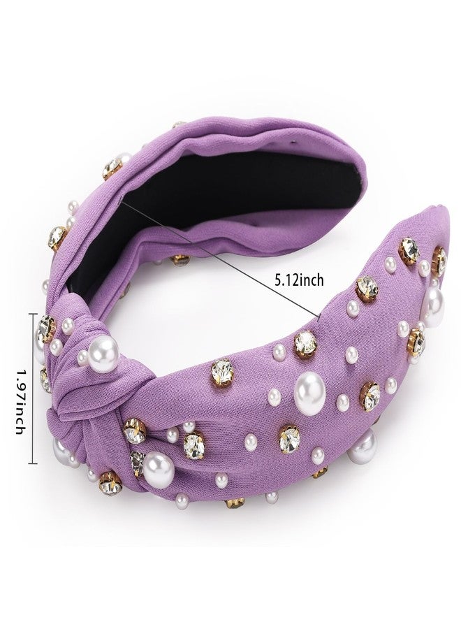 WantGor Pearl Knotted Headband, Women Rhinestone Embellished Hairband Elegant Wide Top Knot Bride Headbands Headpieces Party Fashion Elegant Ladies Hair Band Hair Hoop Accessories (Purple) - Image 2